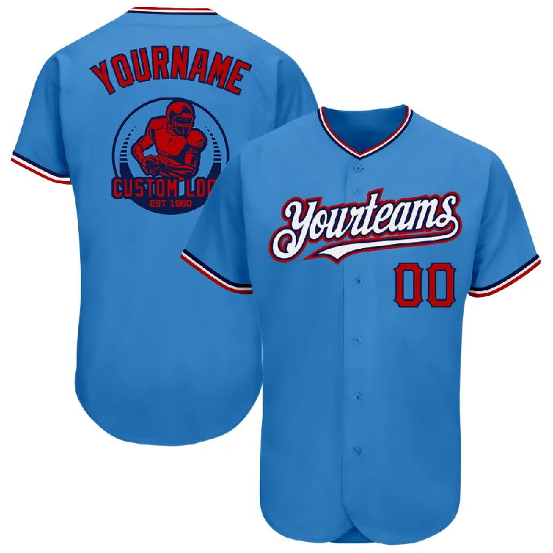 Team Baseball Jersey-Custom Powder Blue Red-Navy Pinstripe Red Authentic Baseball Jersey