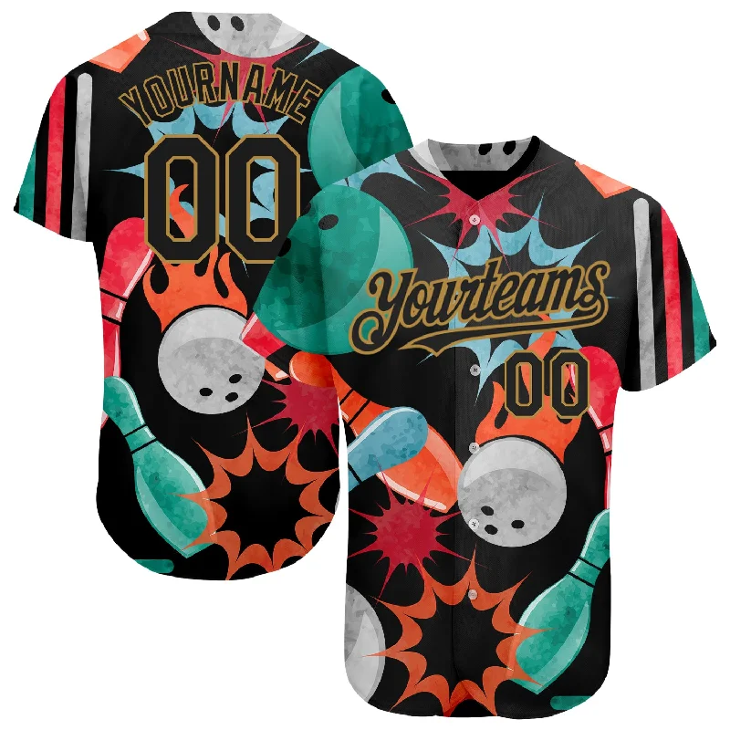 Long Sleeve Baseball Jersey-Custom Black Old Gold 3D Pattern Design Bowling Authentic Baseball Jersey