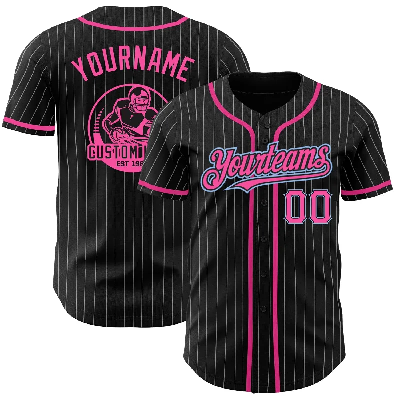 Personalized Baseball Jersey-Custom Black White Pinstripe Pink-Light Blue Authentic Baseball Jersey