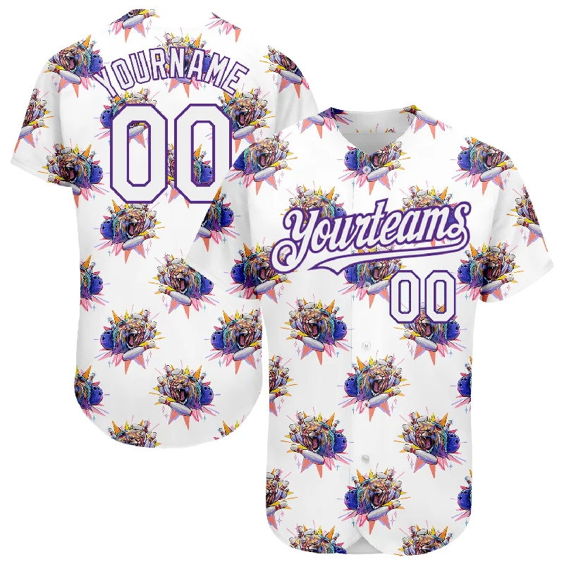 Digital Print Baseball Jersey-Custom White Purple 3D Pattern Design Growling Lion Among The Bowling Authentic Baseball Jersey