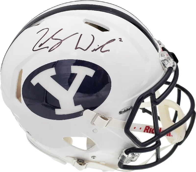 Junior Football Helmet-Zach Wilson Autographed BYU Cougars White Full Size Authentic Speed Helmet Beckett BAS QR Stock #193494