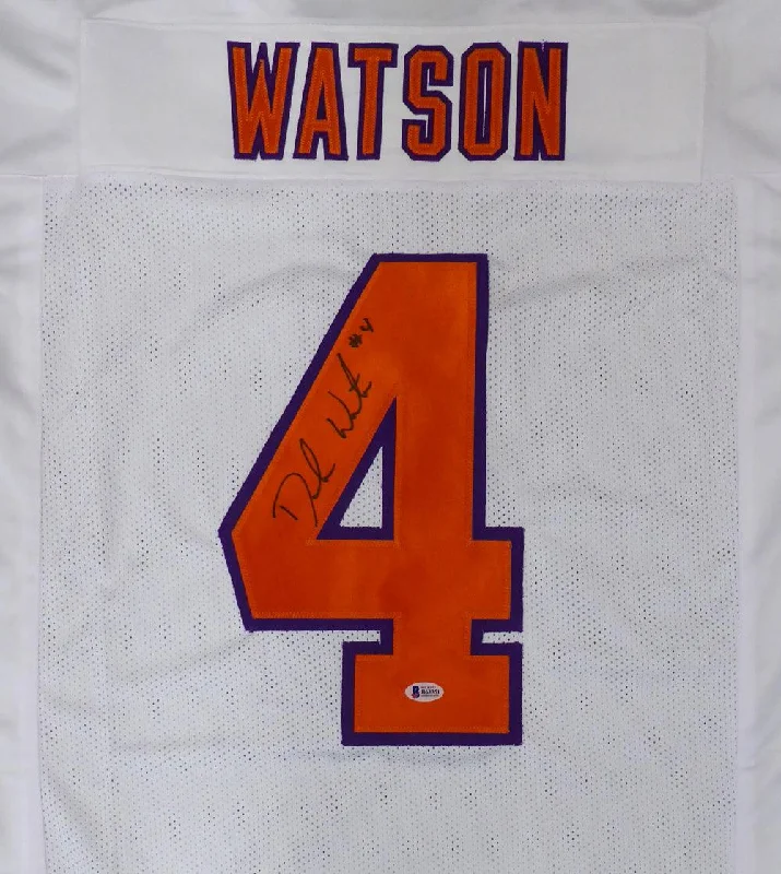 Black Football Helmet-Clemson Tigers Deshaun Watson Autographed White Jersey Beckett BAS Stock #145325