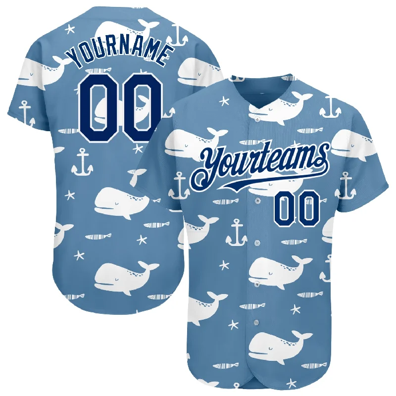 Anniversary Baseball Jersey-Custom Light Blue US Navy Blue-White 3D Pattern Design Whale Authentic Baseball Jersey