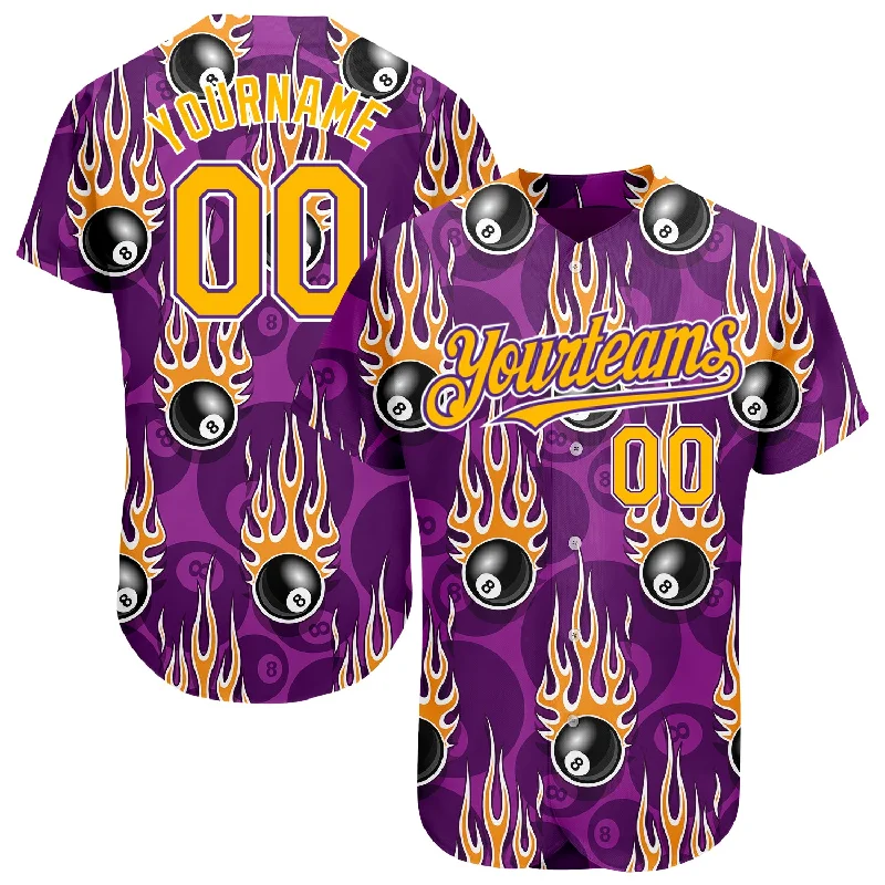 V-Neck Baseball Jersey-Custom Purple Gold-White 3D Pattern Design Billiards Snooker 8 Ball With Hotrod Flame Authentic Baseball Jersey