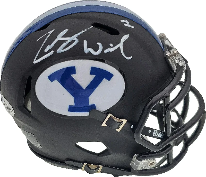 Bluetooth Football Helmet-Zach Wilson Autographed BYU Cougars Matte Black Speed Mini Helmet Beckett BAS Stock #191116