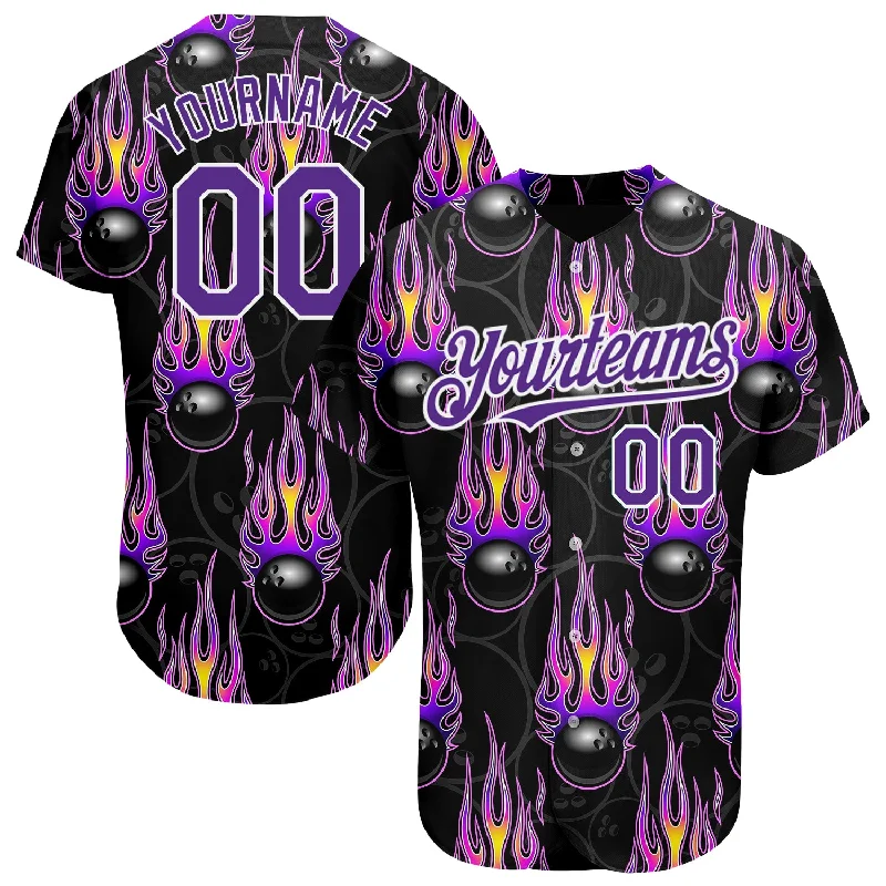 Striped Baseball Jersey-Custom Black Purple-White 3D Pattern Design Bowling Ball With Hotrod Flame Authentic Baseball Jersey