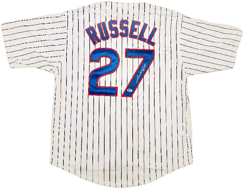 Sustainable Football Helmet-Chicago Cubs Addison Russell Autographed White Jersey Beckett BAS Stock #196620