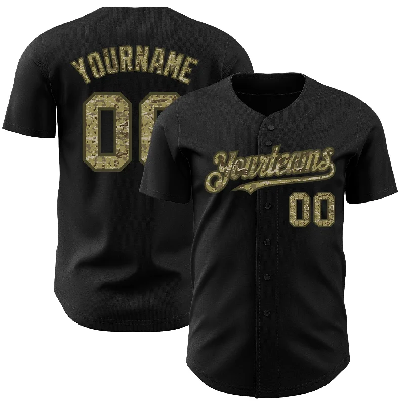 Gold Trim Baseball Jersey-Custom Black Camo-Olive Authentic Baseball Jersey