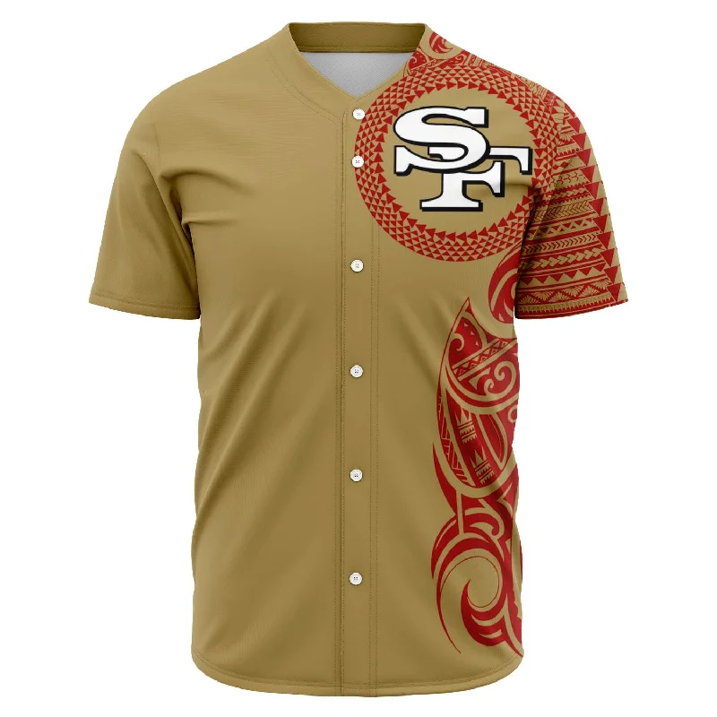 V-Neck Baseball Jersey-San Francisco 49ers Shirt - Polynesian Design 49ers Shirt Gold