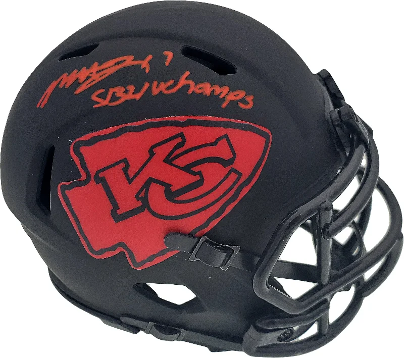 Extra Cushion Football Helmet-Mecole Hardman Autographed Kansas City Chiefs Eclipse Black Speed Mini Helmet "SB LIV Champs" Beckett BAS Stock #185786