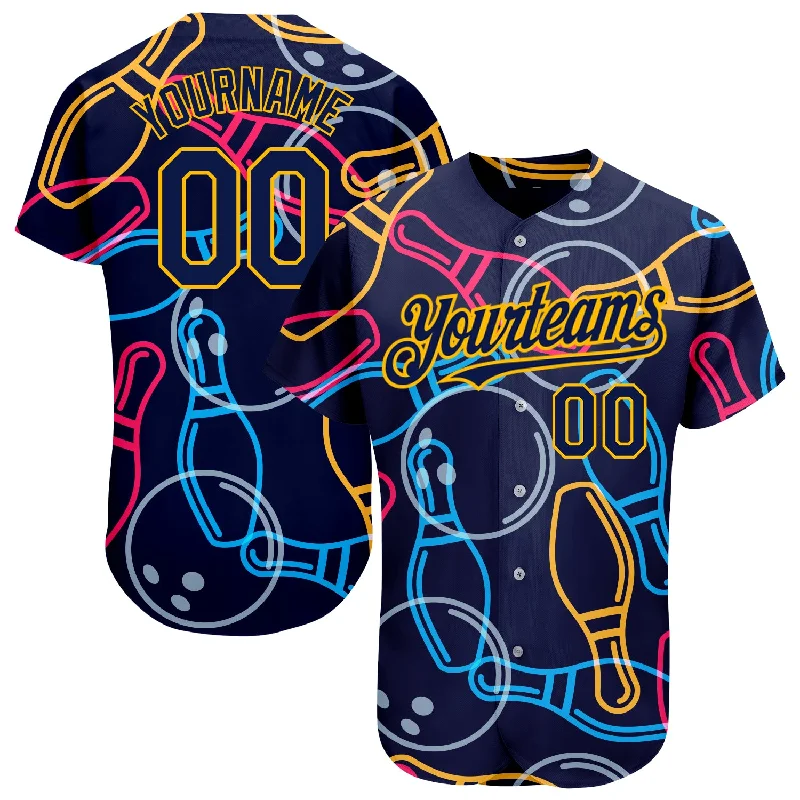 Quick-Dry Baseball Jersey-Custom Navy Gold 3D Pattern Design Bowling Authentic Baseball Jersey