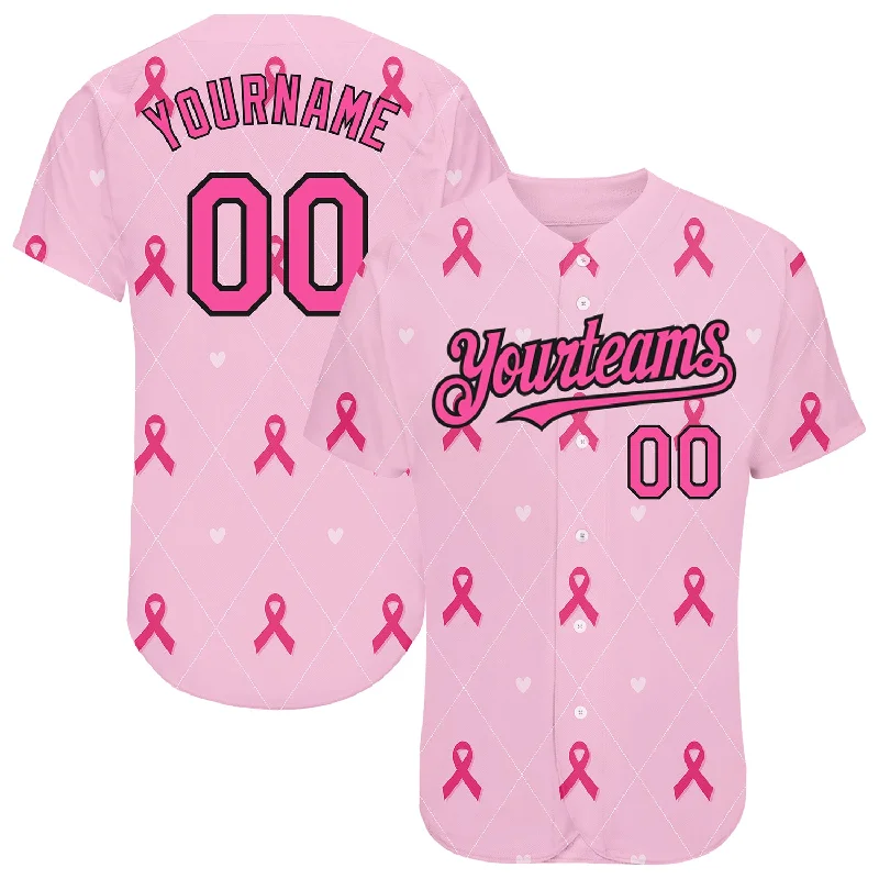 Long Sleeve Baseball Jersey-Custom Pink Black 3D Pink Ribbon Breast Cancer Awareness Month Women Health Care Support Authentic Baseball Jersey