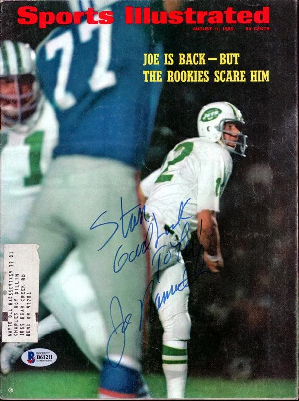 Padded Football Helmet-Joe Namath Autographed Sports Illustrated Magazine New York Jets "To Stan" Beckett BAS #B61211