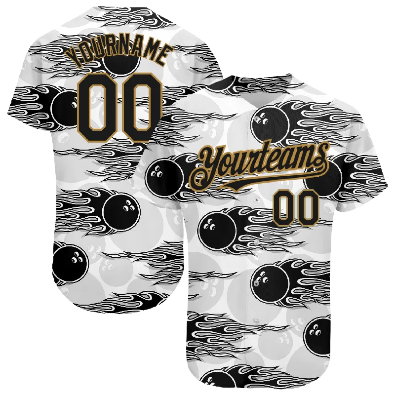 Pinstripe Baseball Jersey-Custom White Black-Old Gold 3D Pattern Design Bowling Ball With Hotrod Flame Authentic Baseball Jersey