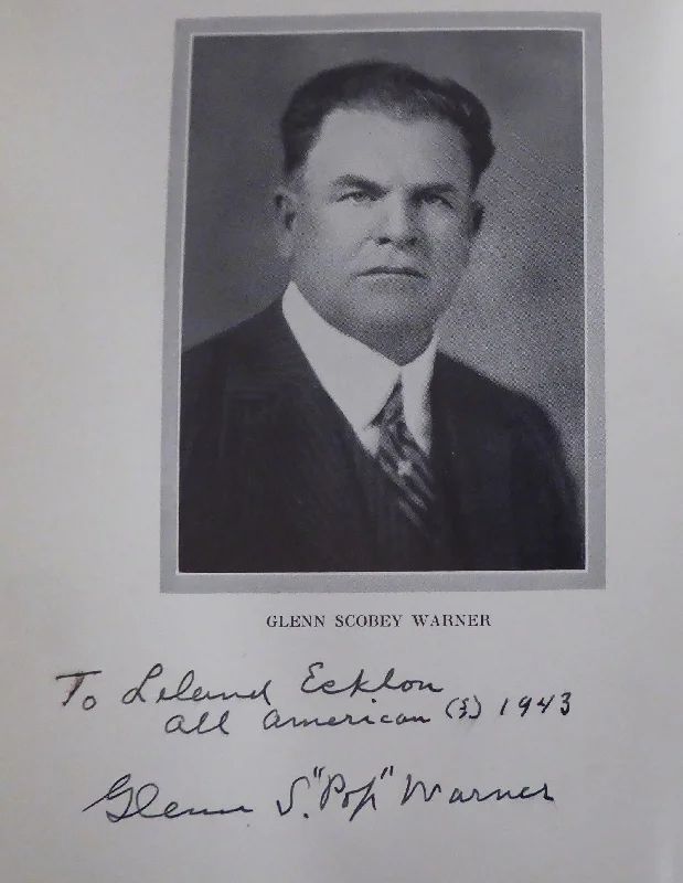 League Football Helmet-Glenn "Pop" Warner Autographed 1927 1st Edition Football for Coaches & Players Book Stanford "To Leland" Beckett BAS #AA0354