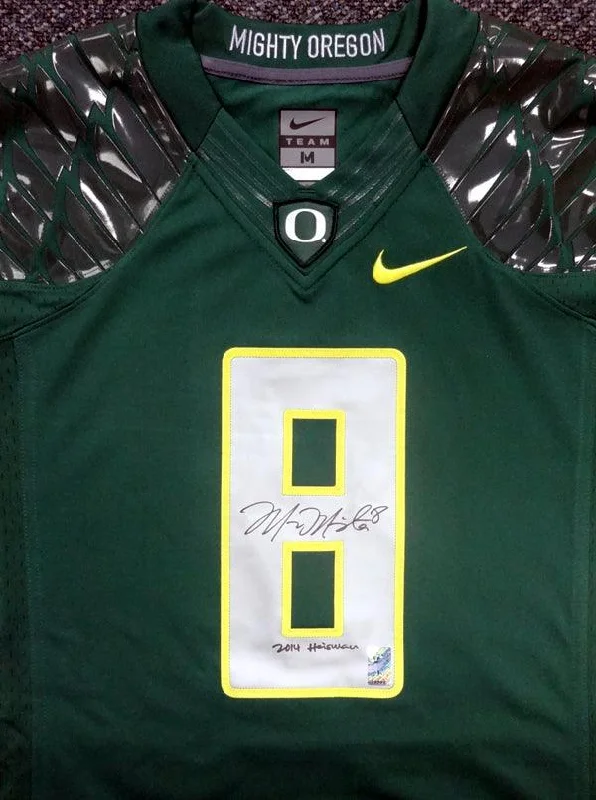 Bluetooth Football Helmet-Oregon Ducks Marcus Mariota Autographed Green Nike Jersey "2014 Heisman" Size M MM Holo Stock #89855