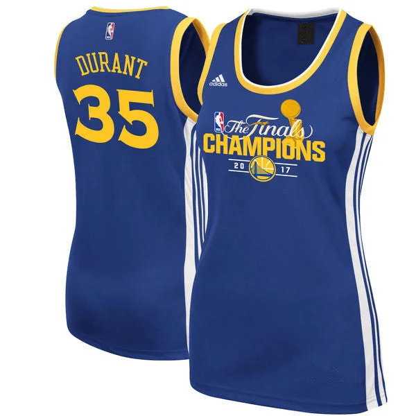 Button-Up Basketball Jersey-Warriors 35 Kevin Durant 2017 Champions Royal Blue Women Swingman Basketball Jersey