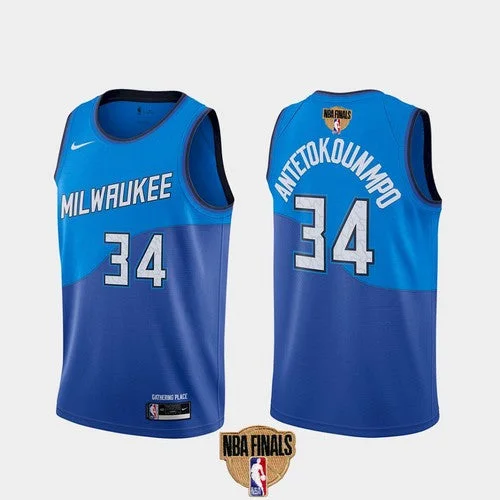 NBA Basketball Jersey-Men's Milwaukee Bucks #34 Giannis Antetokounmpo 2021 Finals Blue City Edition Stitched Basketball Jersey (Check description if you want Women or Youth size)