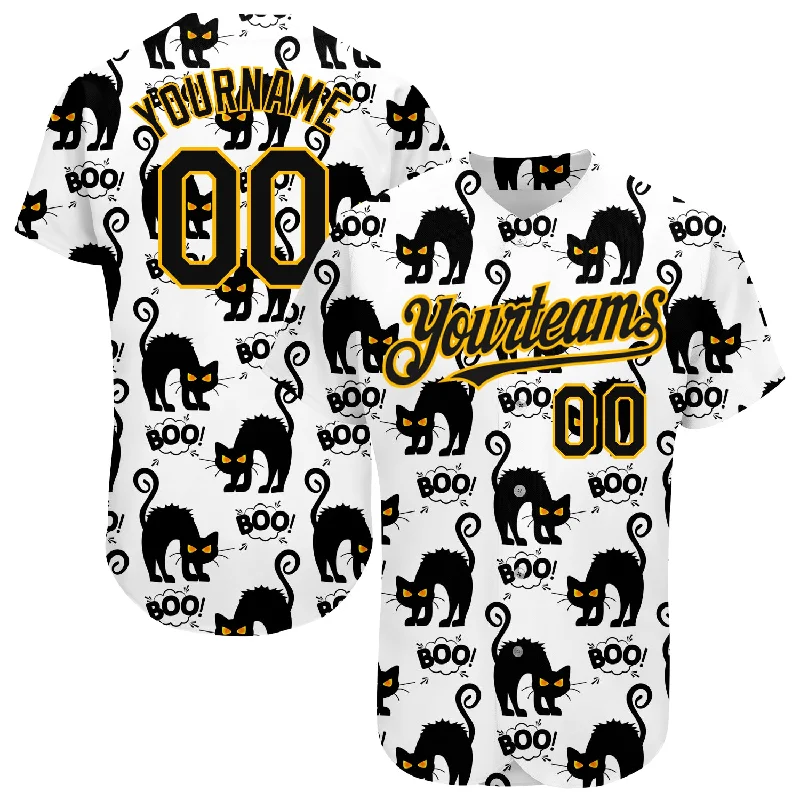 Throwback Baseball Jersey-Custom White Black-Yellow 3D Pattern Design Cat Authentic Baseball Jersey