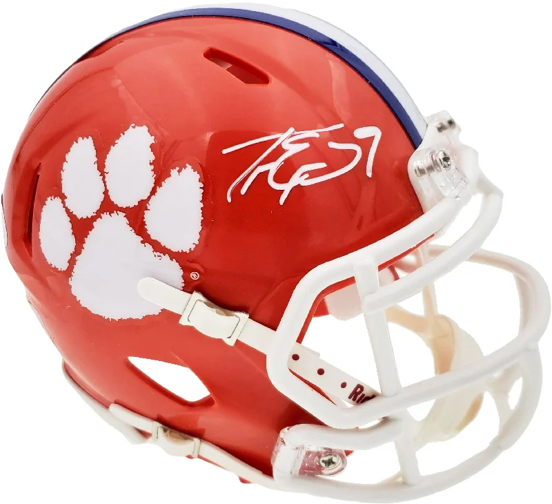 Red Football Helmet-Travis Etienne Autographed Clemson Tigers Orange Replica Speed Mini Helmet Beckett BAS Stock #193989