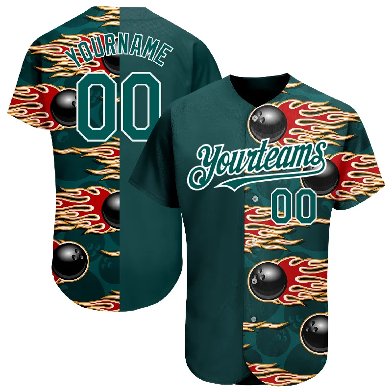 Raglan Baseball Jersey-Custom Midnight Green White 3D Pattern Design Bowling Ball With Hotrod Flame Authentic Baseball Jersey