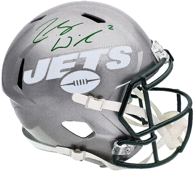 Black Football Helmet-Zach Wilson Autographed New York Jets Flash Silver Full Size Replica Speed Helmet Beckett BAS QR Stock #197084