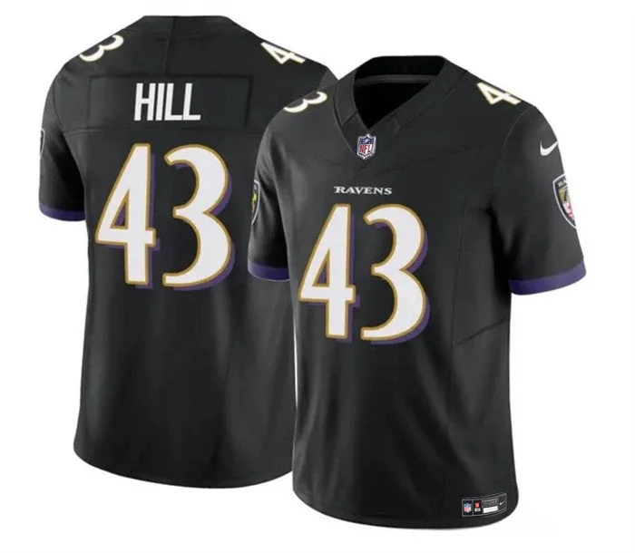 Sublimated Soccer Jersey-Men's Baltimore Ravens #43 Justice Hill Black 2023 F.U.S.E. Limited Football Stitched Jersey