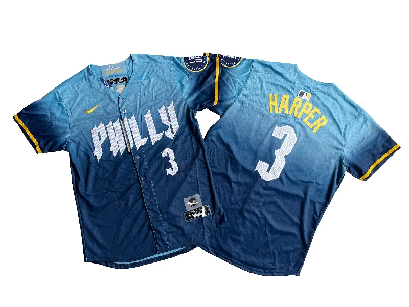 Gradient Baseball Jersey-Philadelphia Phillies Bryce Harper #3 Blue 2024 City Connect Limited Player Jersey.