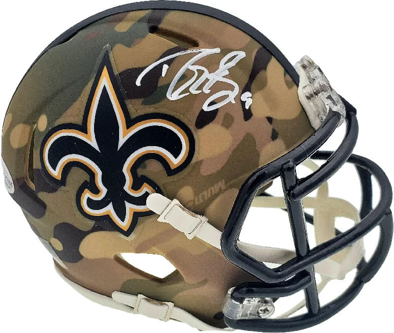 Protective Football Helmet-Drew Brees Autographed New Orleans Saints Camo Speed Mini Helmet Beckett BAS Stock #185740