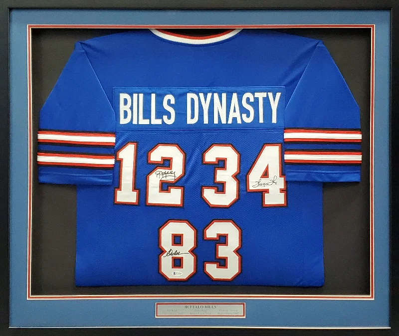 Speed Football Helmet-Buffalo Bills Jim Kelly, Thurman Thomas & Andree Reed Autographed Framed Blue Jersey Dynasty Beckett BAS Stock #195234