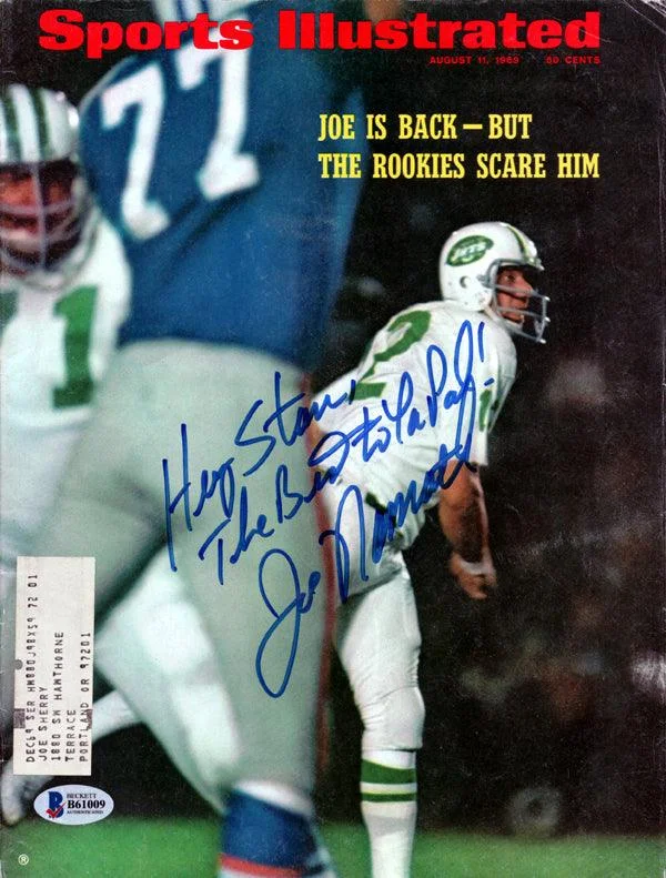 Anti-Concussion Football Helmet-Joe Namath Autographed Sports Illustrated Magazine New York Jets "To Stan" Beckett BAS #B61009