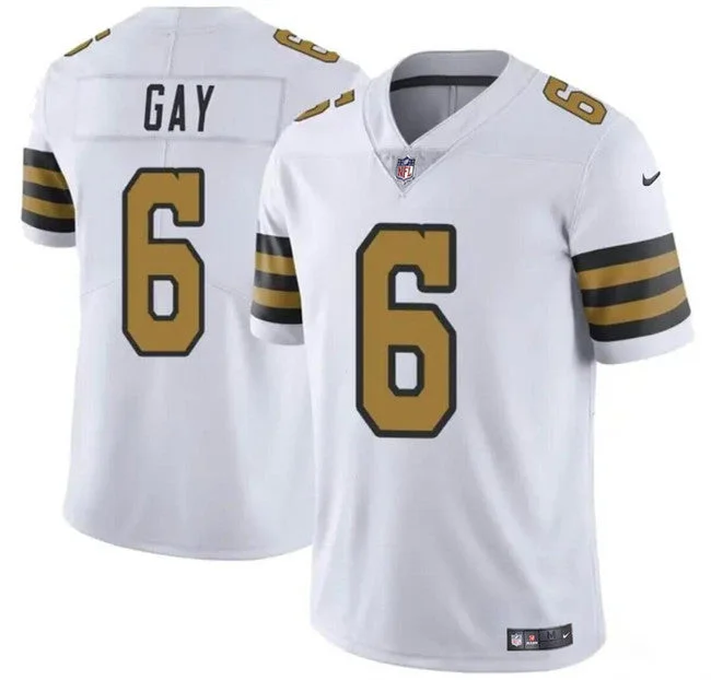 Gold Trim Soccer Jersey-Men's New Orleans Saints #6 Gay White Color Rush Limited Football Stitched Jersey