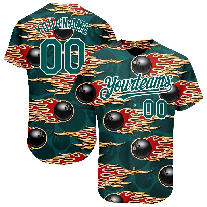 Collared Baseball Jersey-Custom Midnight Green White 3D Pattern Design Bowling Ball With Hotrod Flame Authentic Baseball Jersey