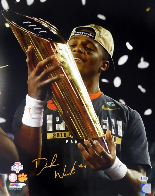 League Football Helmet-Deshaun Watson Autographed 16x20 Photo Holding Trophy Clemson Tigers Beckett BAS Stock #117276