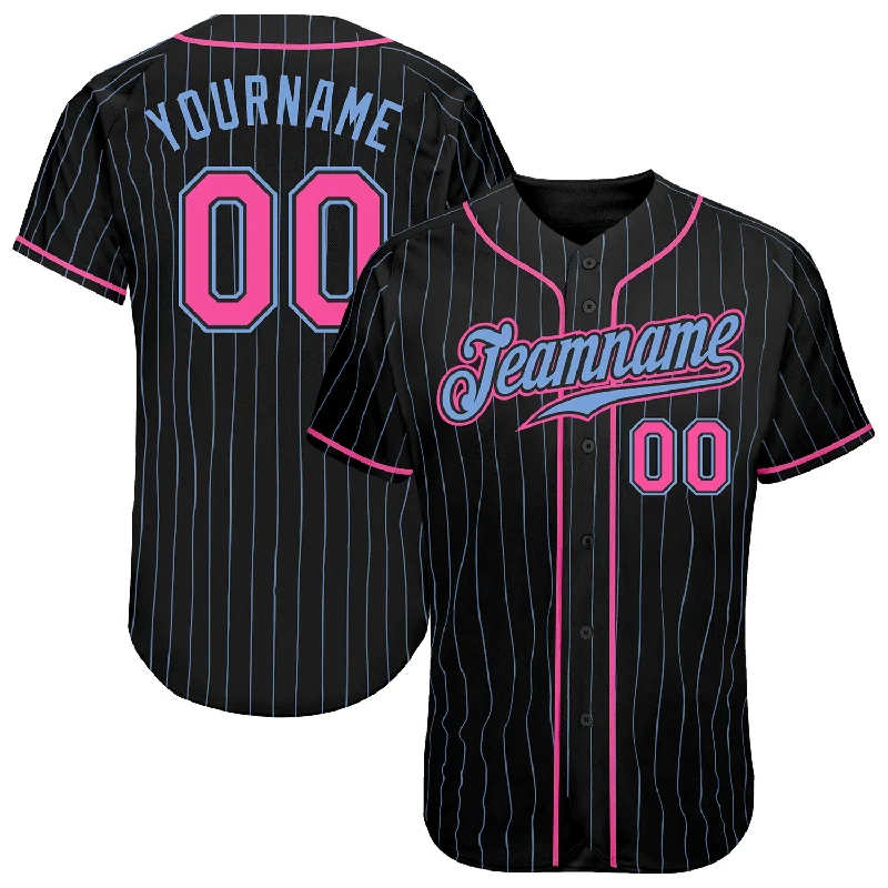 Gold Trim Baseball Jersey-Custom Black Light Blue Pinstripe Pink-Light Blue Authentic Baseball Jersey