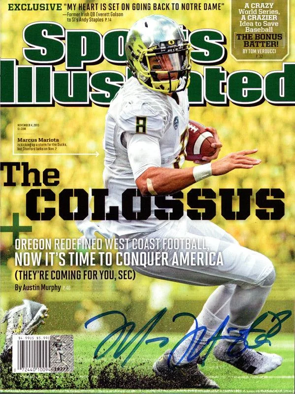 Faceguard Football Helmet-Marcus Mariota Autographed Sports Illustrated Magazine Oregon Ducks MM Holo Stock #89202